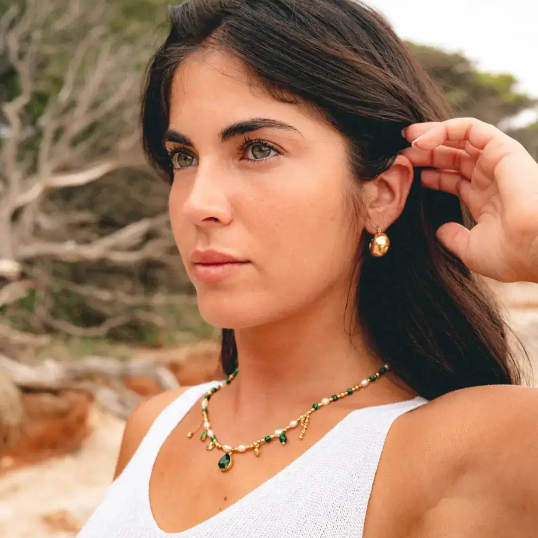 Collier de Perles Royales avec Pendentif Vert (Plaqué Or)