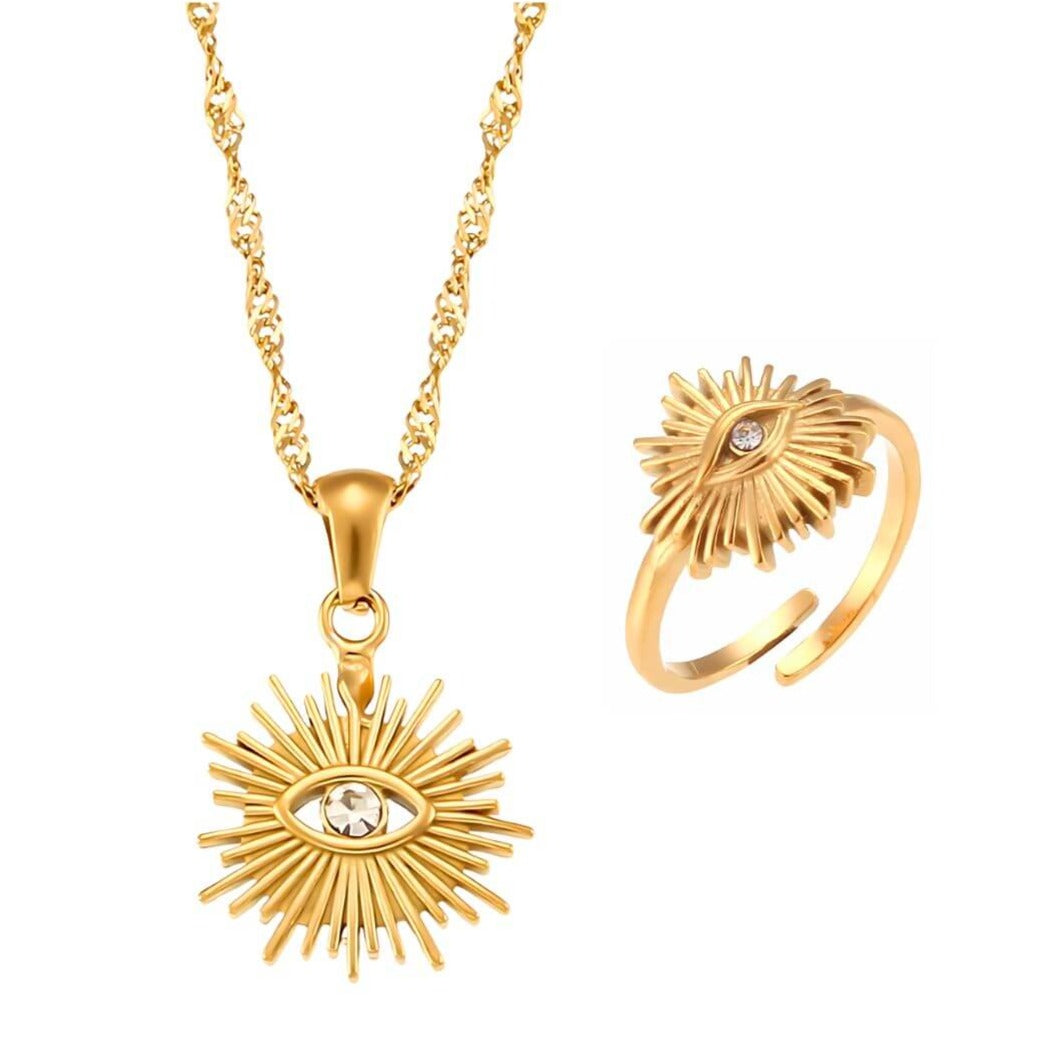Ensemble Occhio: Collier + Bague Ajustable (Plaqué Or)