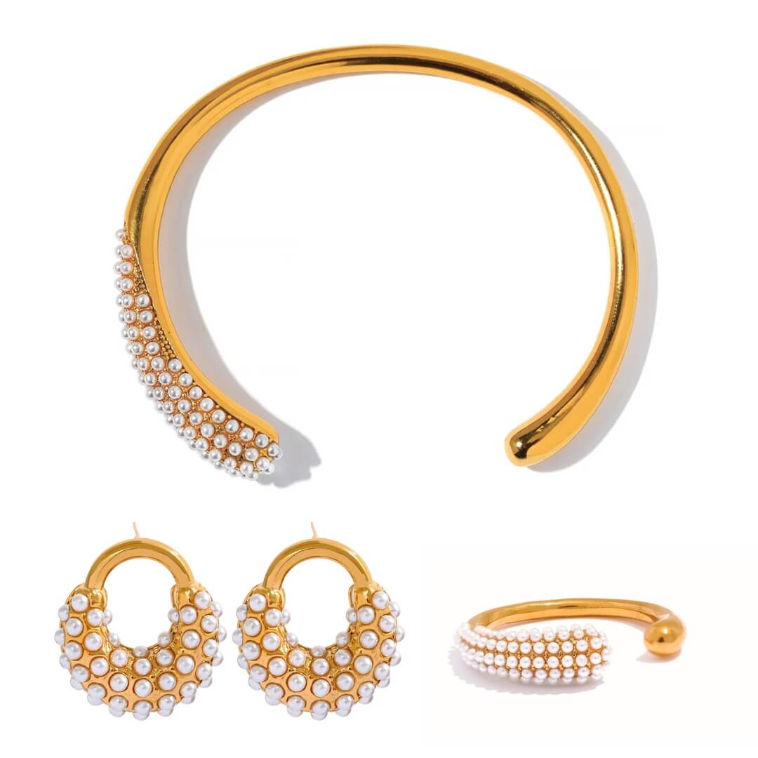 Ensemble Spike Perle: Bracelet + Boucles d'oreilles + Bague (Plaqué Or)