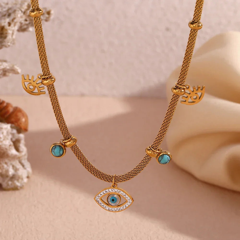 Collier Oeil Turc avec Perle Turquoise (Plaqué Or)