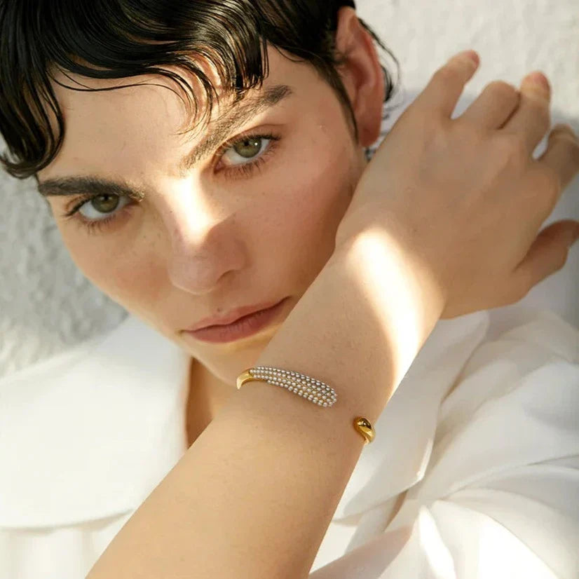 Ensemble Spike Perle: Bracelet + Boucles d'oreilles + Bague (Plaqué Or)