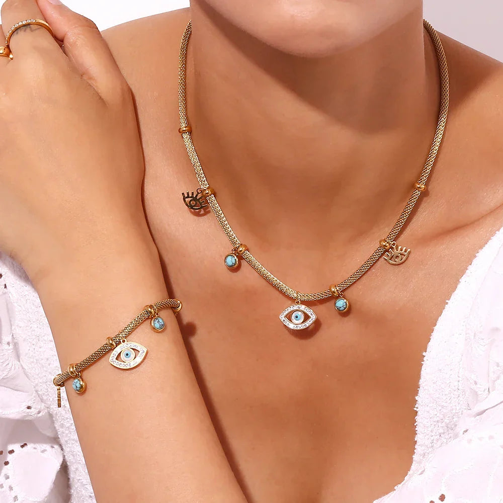 Collier Oeil Turc avec Perle Turquoise (Plaqué Or)