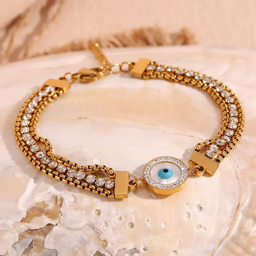 Bracelet Œil Turc Chaîne Triple Zircon (Plaqué Or 18 carats)