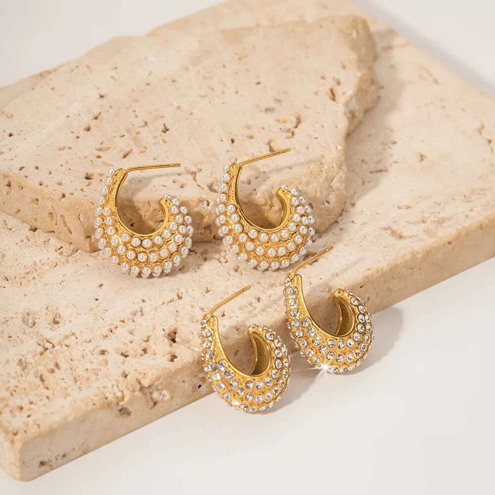Boucles d'oreilles en forme de cercle moyen avec perles Harmony (Plaqué Or)