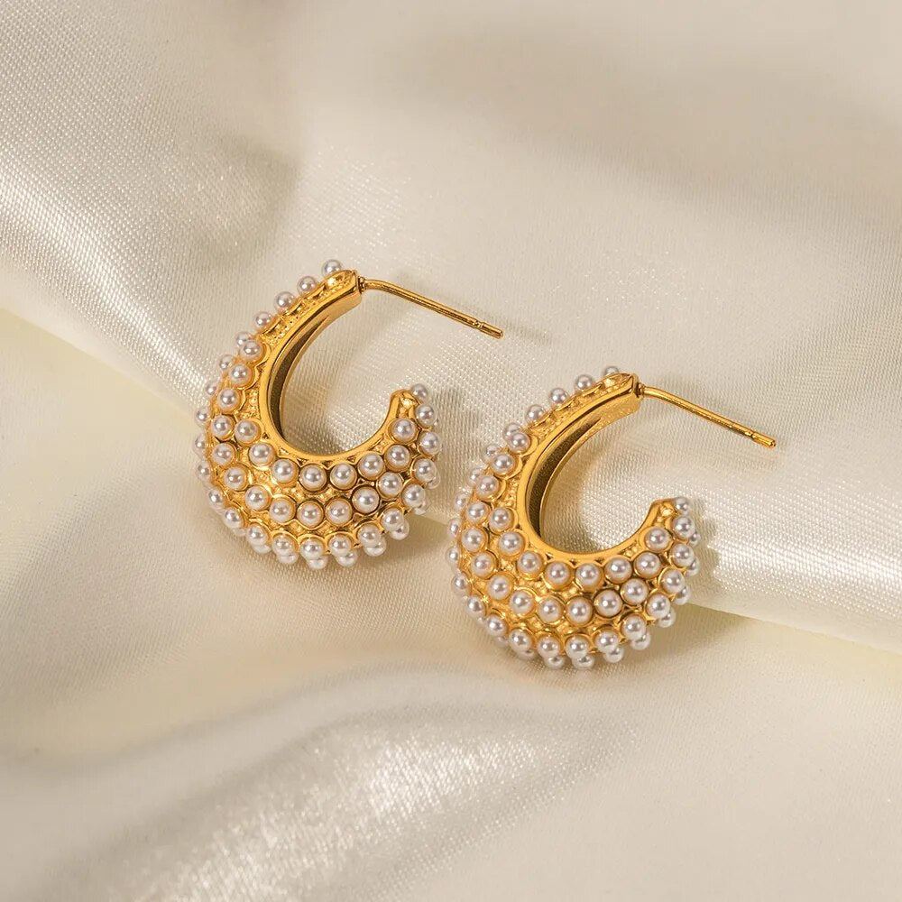 Boucles d'oreilles en forme de cercle moyen avec perles Harmony (Plaqué Or)