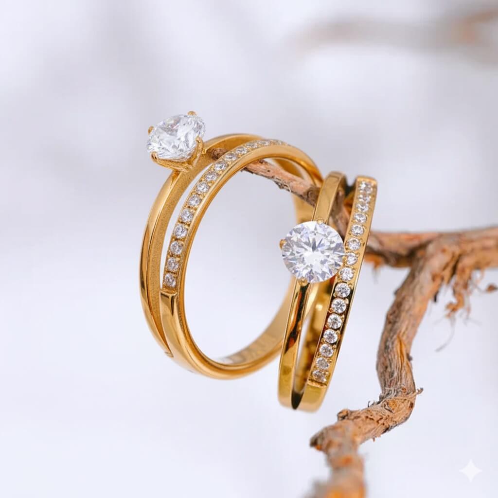 Double Row Open Ring with Center Stone