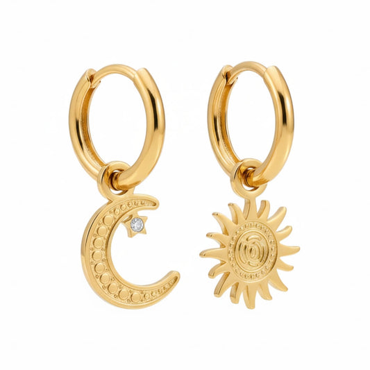 Boucles d’oreilles Créoles Soleil et Lune (Plaqué or)