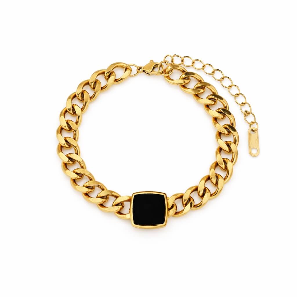 Curb Chain Bracelet with Black Stone