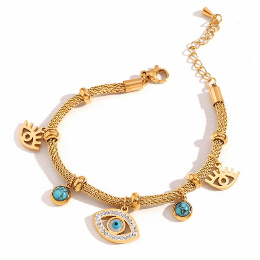 Bracelet Oeil Turc avec Perle Turquoise (Plaqué Or)