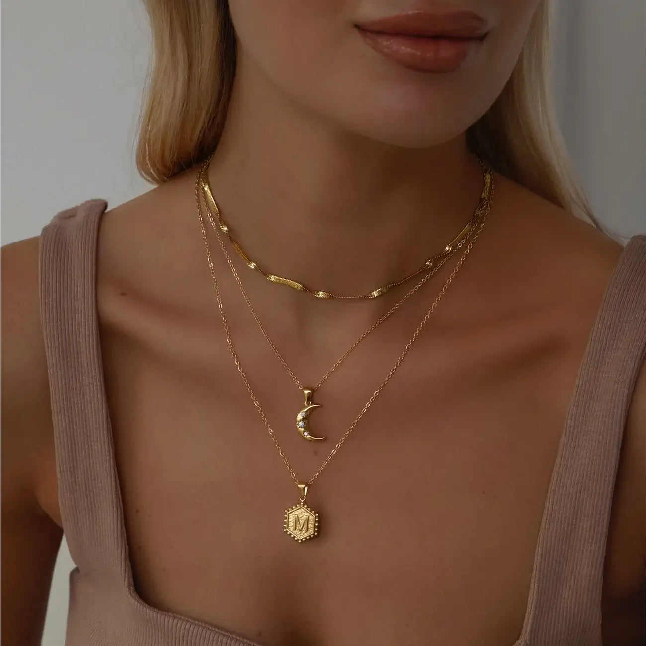 Collier Lune Croissante en Zirconium (Plaqué Or)