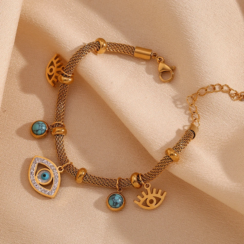 Bracelet Oeil Turc avec Perle Turquoise (Plaqué Or)