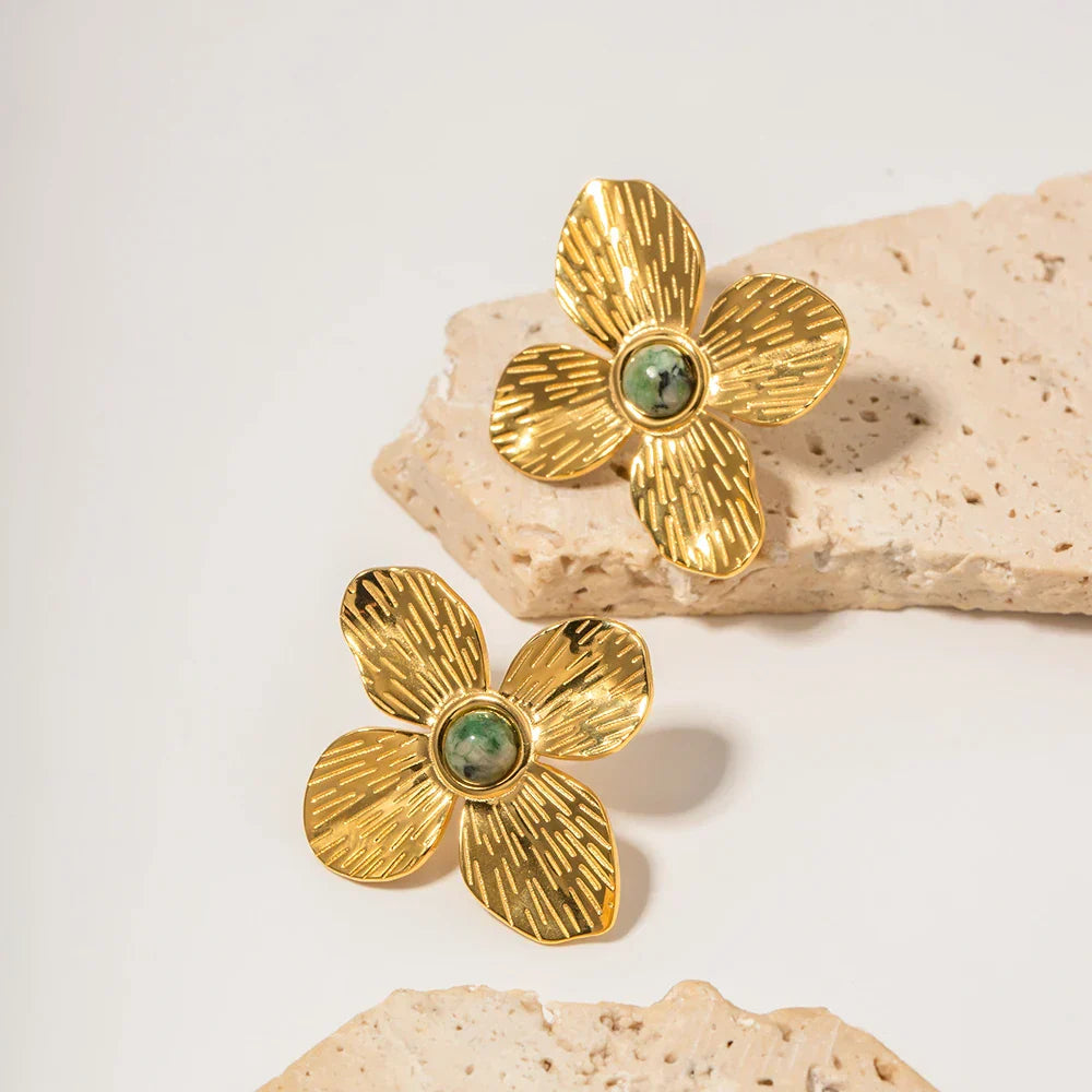 Boucles d'oreilles Fleur d'Émeraude (Plaquées Or)