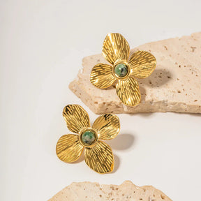 Boucles d'oreilles Fleur d'Émeraude (Plaquées Or)