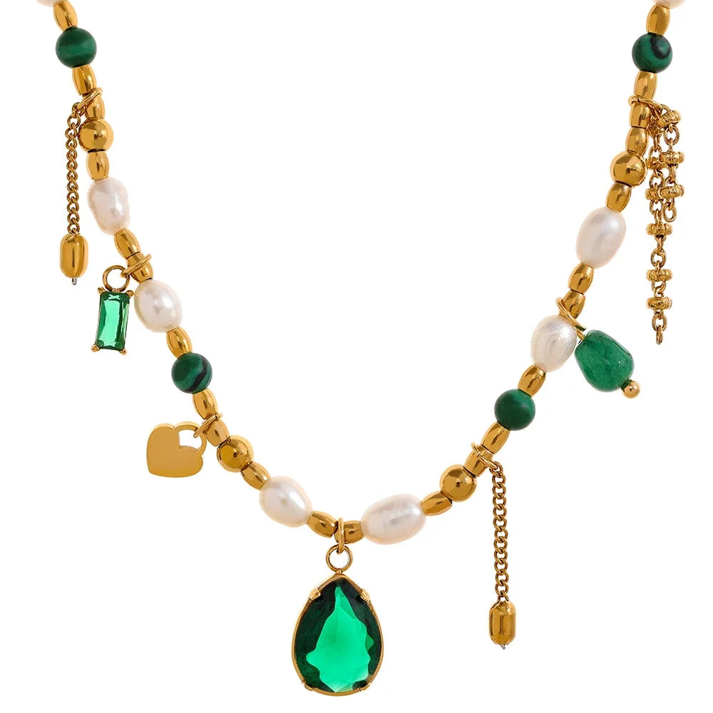 Collier de Perles Royales avec Pendentif Vert (Plaqué Or)