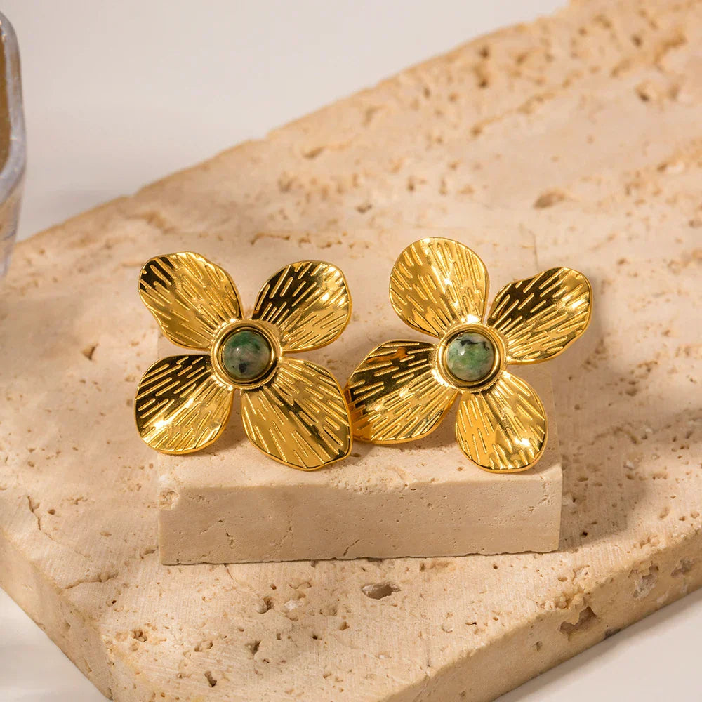 Boucles d'oreilles Fleur d'Émeraude (Plaquées Or)