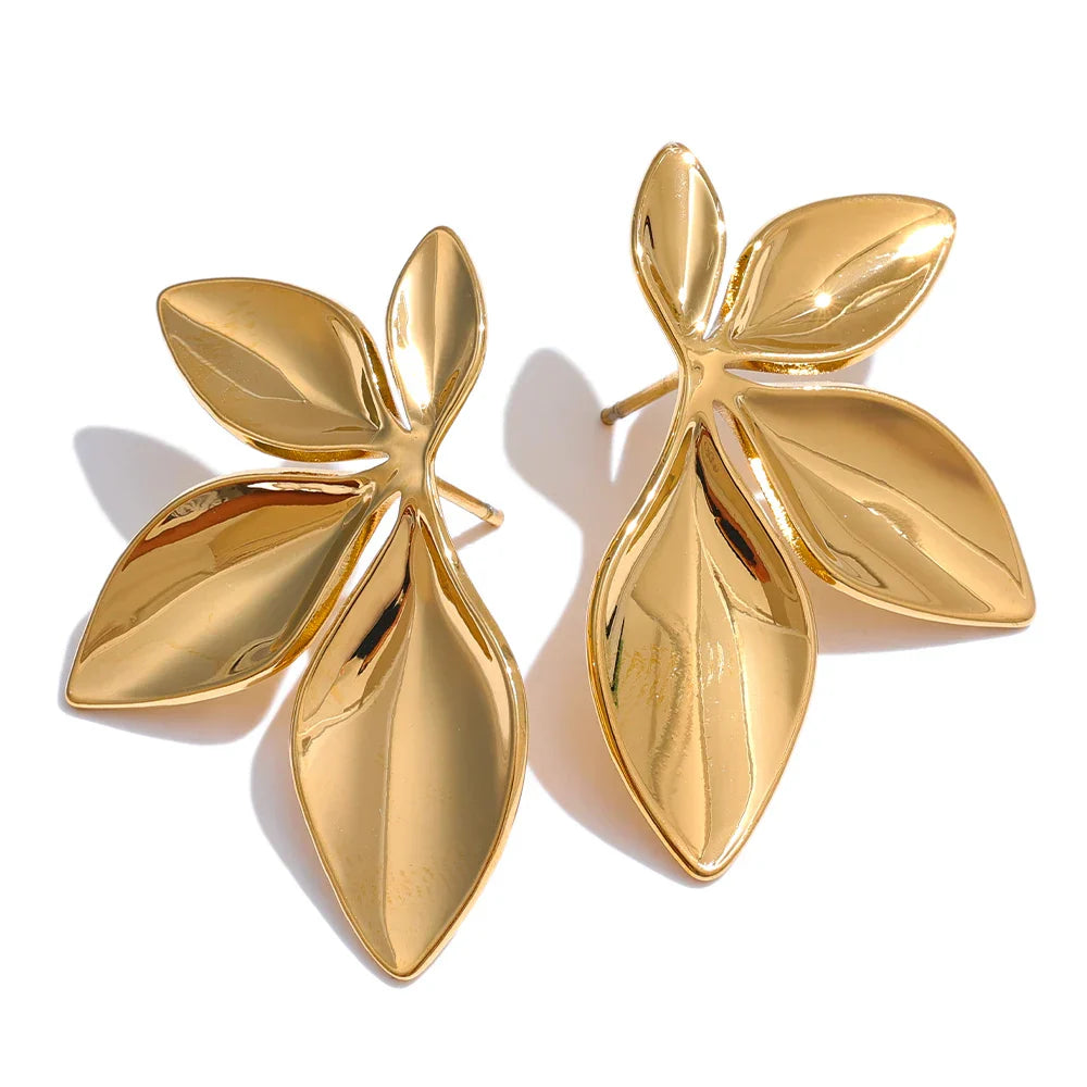 Boucles d'Oreilles Nature avec Forme de Feuille (Plaqué Or)