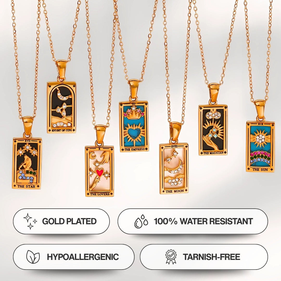 Gold-plated tarot card pendant necklaces on a white background with YVRAEL branding.