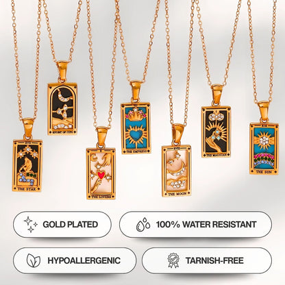 Gold-plated tarot card pendant necklaces on a white background with YVRAEL branding.