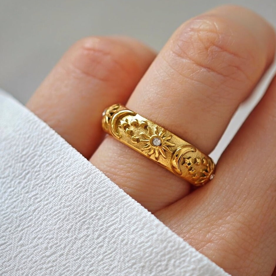 Bague Céleste Soleil et Lune Zirconia (Plaqué Or)
