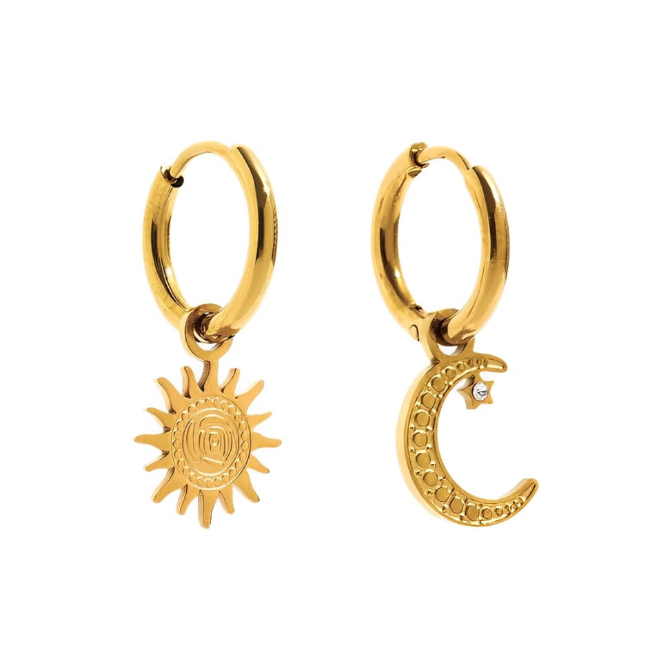 Boucles d'Oreilles Anneaux Soleil et Lune (Plaqué or)