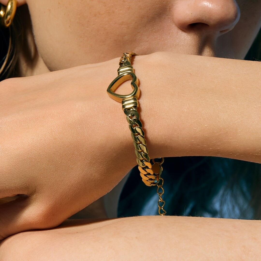Bracelet Cœur avec Chaîne à Maillons Grands (Plaqué Or)