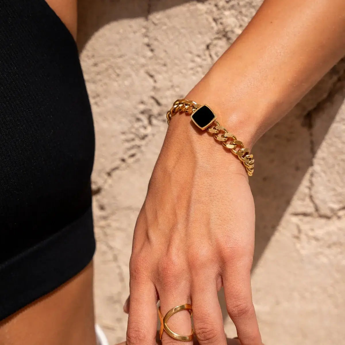Bracelet en Chaîne Onyx Carré (Plaqué Or)