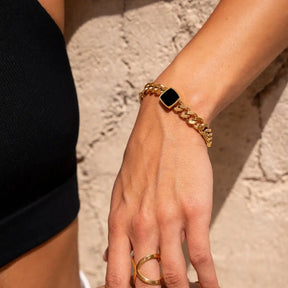 Bracelet en Chaîne Onyx Carré (Plaqué Or)