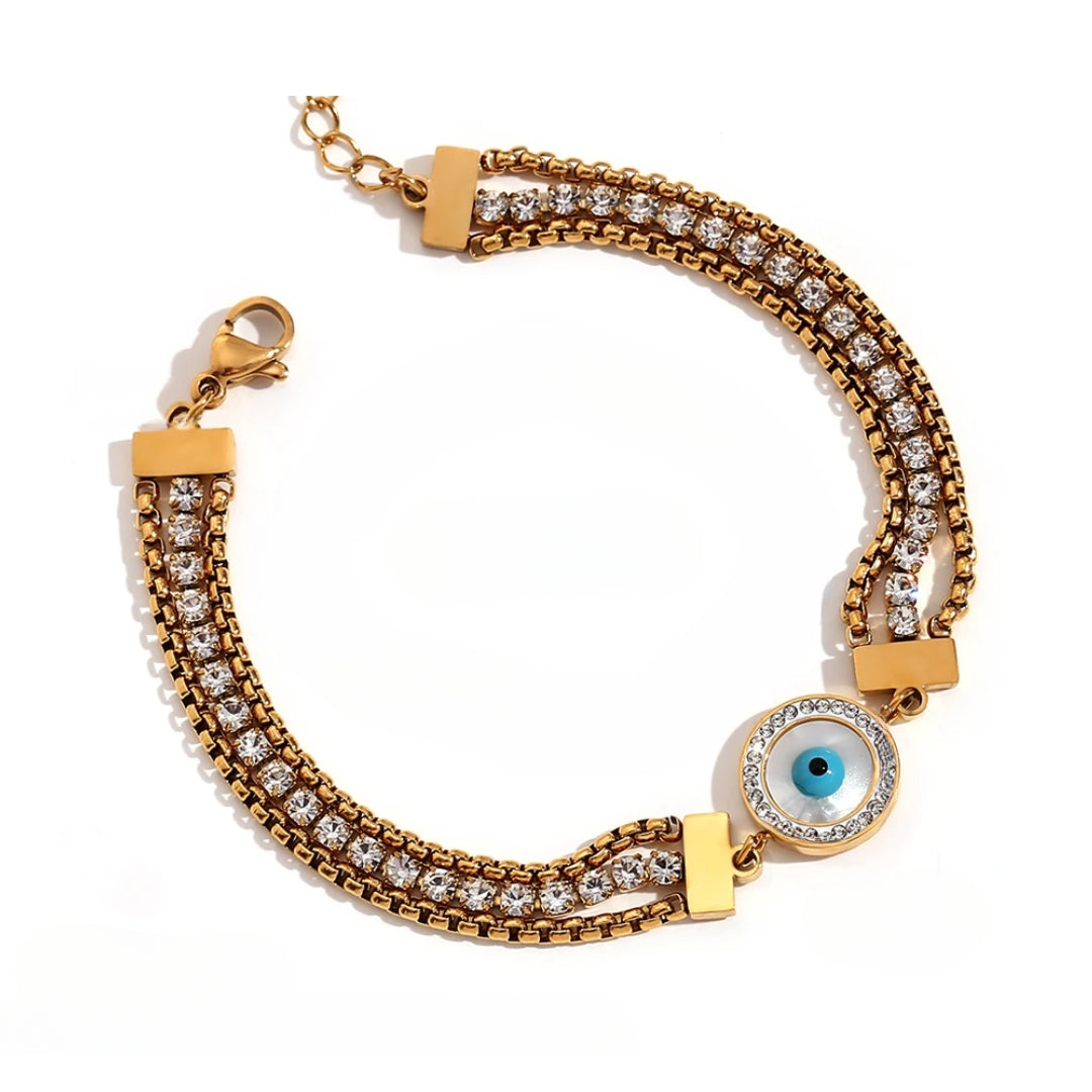 Bracelet Œil Turc Chaîne Triple Zircon (Plaqué Or 18 carats)